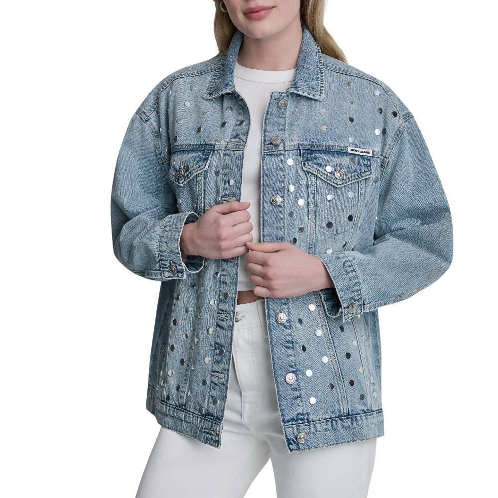 DKNY OVERSIZED DENIM TRUCKER JACKET WITH STUDS