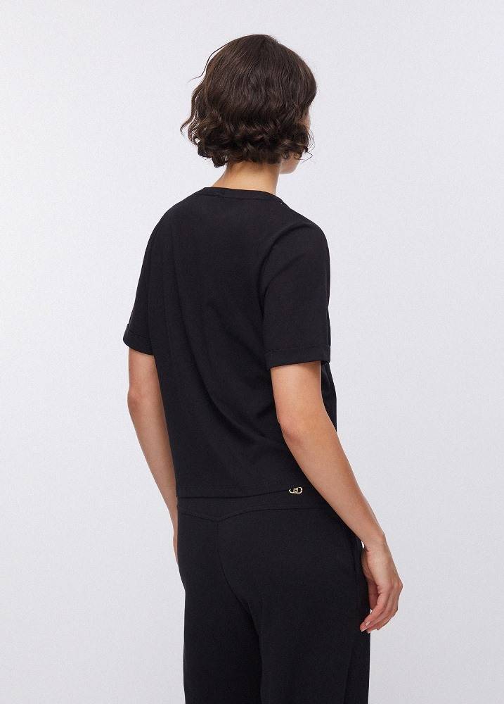 LIU JO V-NECK T-SHIRT WITH APPLIQUE RHINESTONES