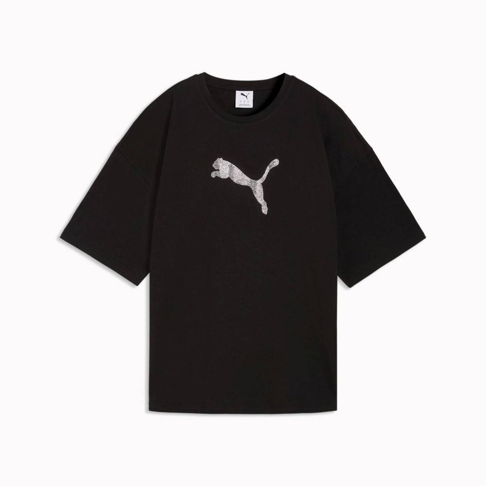 PUMA ESS GRAPHICS LEO LUXE BEDAZZLED OVERSIZED TEE