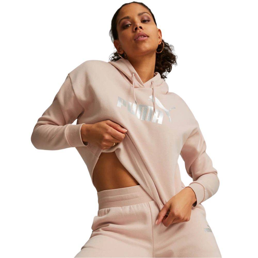 PUMA ESS+ METALLIC LOGO CROPPED FLEECE HOODIE
