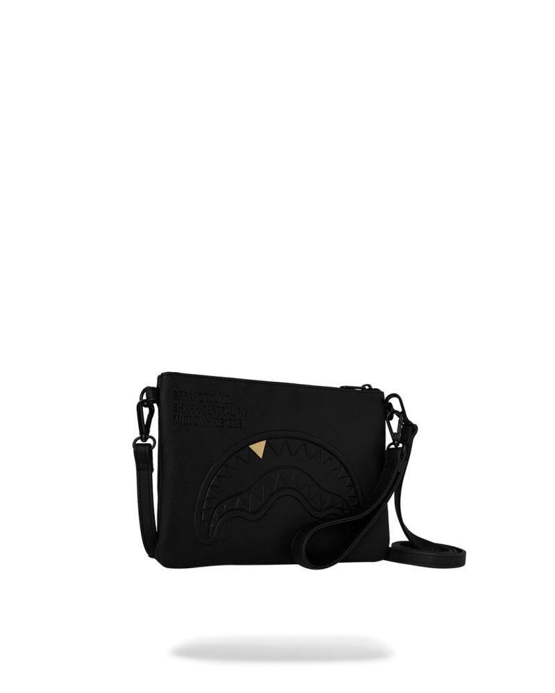 SPRAYGROUND BLACKED OUT EMBOSSED GOLD TOOTH CROSSOVER CLUTCH