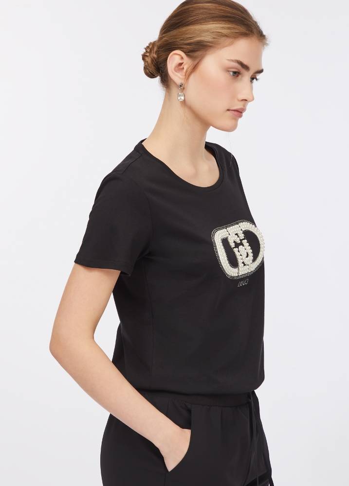 LIU JO COTTON JERSEY T-SHIRT WITH LOGO AND RHINESTONES