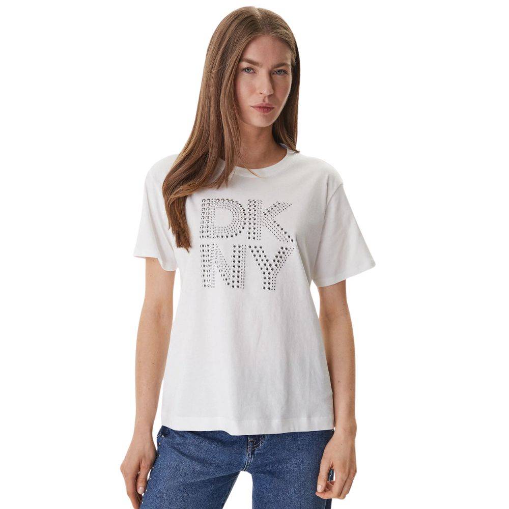 DKNY RHINESTONE LOGO RELAXEDCREW NECK TEE