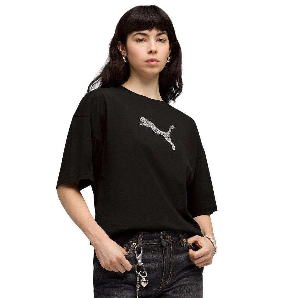 PUMA ESS GRAPHICS LEO LUXE BEDAZZLED OVERSIZED TEE