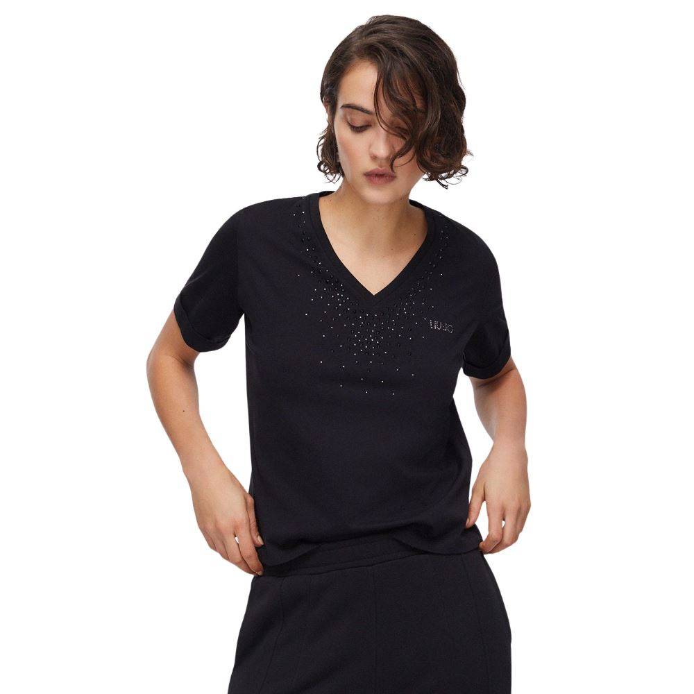 LIU JO V-NECK T-SHIRT WITH APPLIQUE RHINESTONES