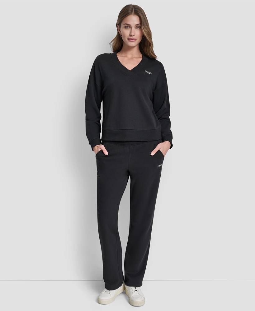 DKNY METALLIC BUBBLE LOGO V-NECK PULLOVER