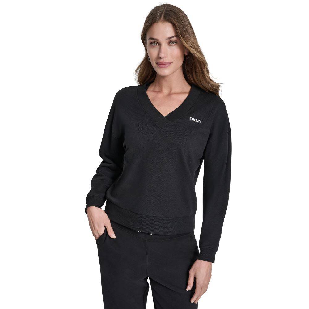 DKNY METALLIC BUBBLE LOGO V-NECK PULLOVER