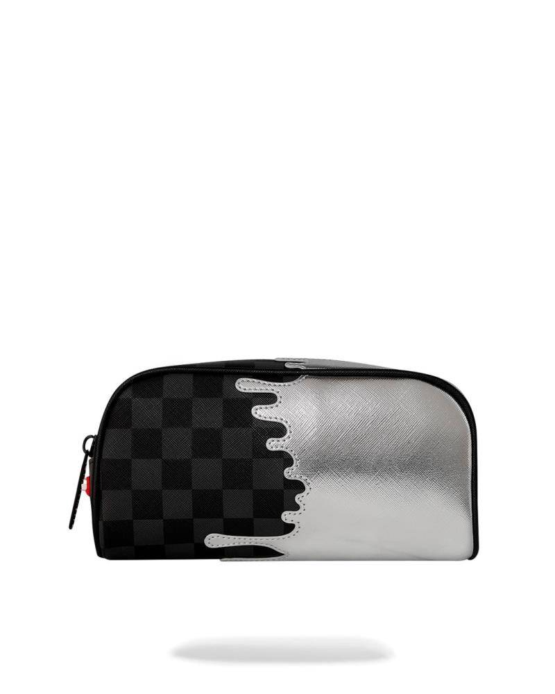 SPRAYGROUND SILVER SIDE DRIP BLACK CHECK PENCIL POUCH