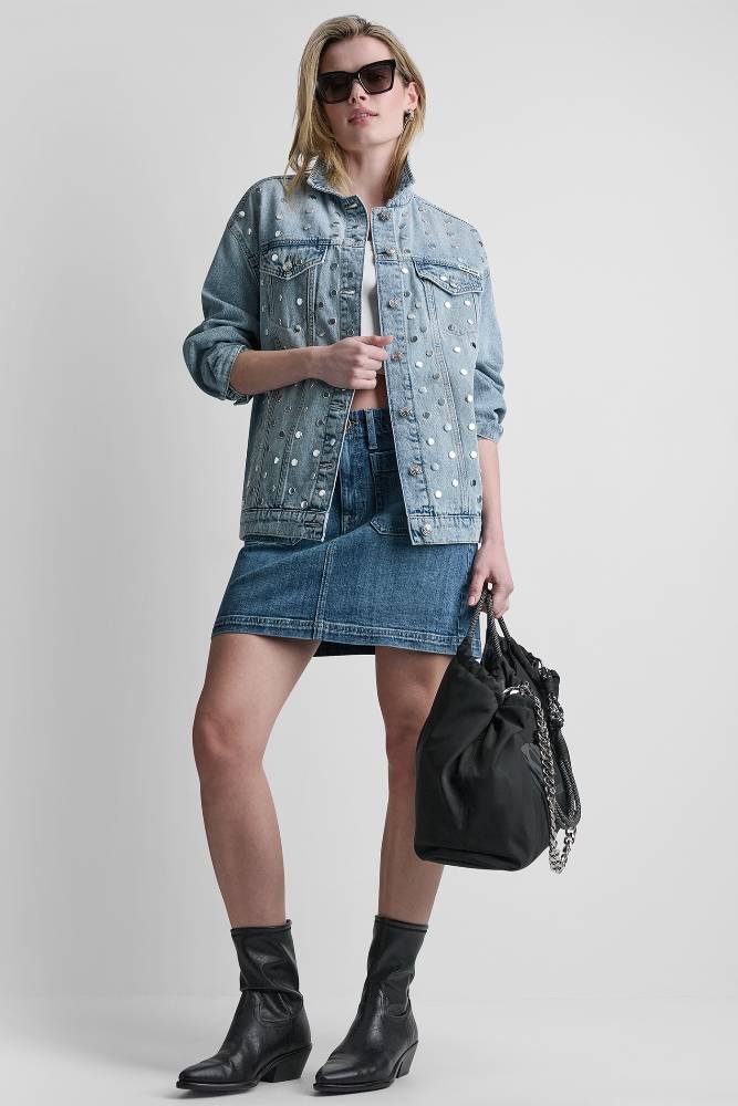DKNY OVERSIZED DENIM TRUCKER JACKET WITH STUDS