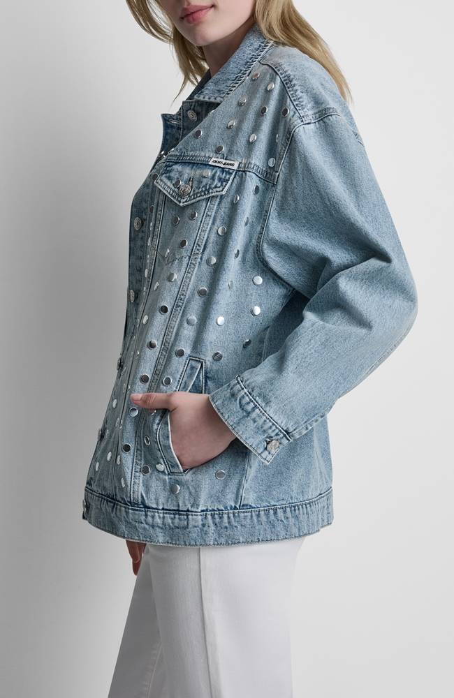 DKNY OVERSIZED DENIM TRUCKER JACKET WITH STUDS
