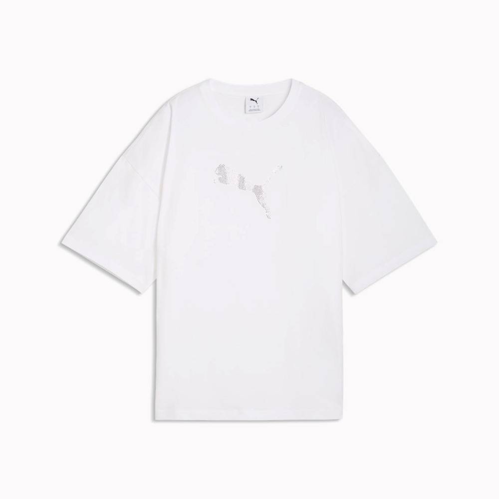 PUMA ESS GRAPHICS LEO LUXE BEDAZZLED OVERSIZED TEE