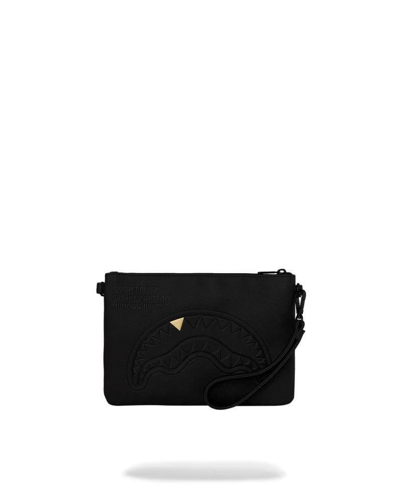 SPRAYGROUND BLACKED OUT EMBOSSED GOLD TOOTH CROSSOVER CLUTCH