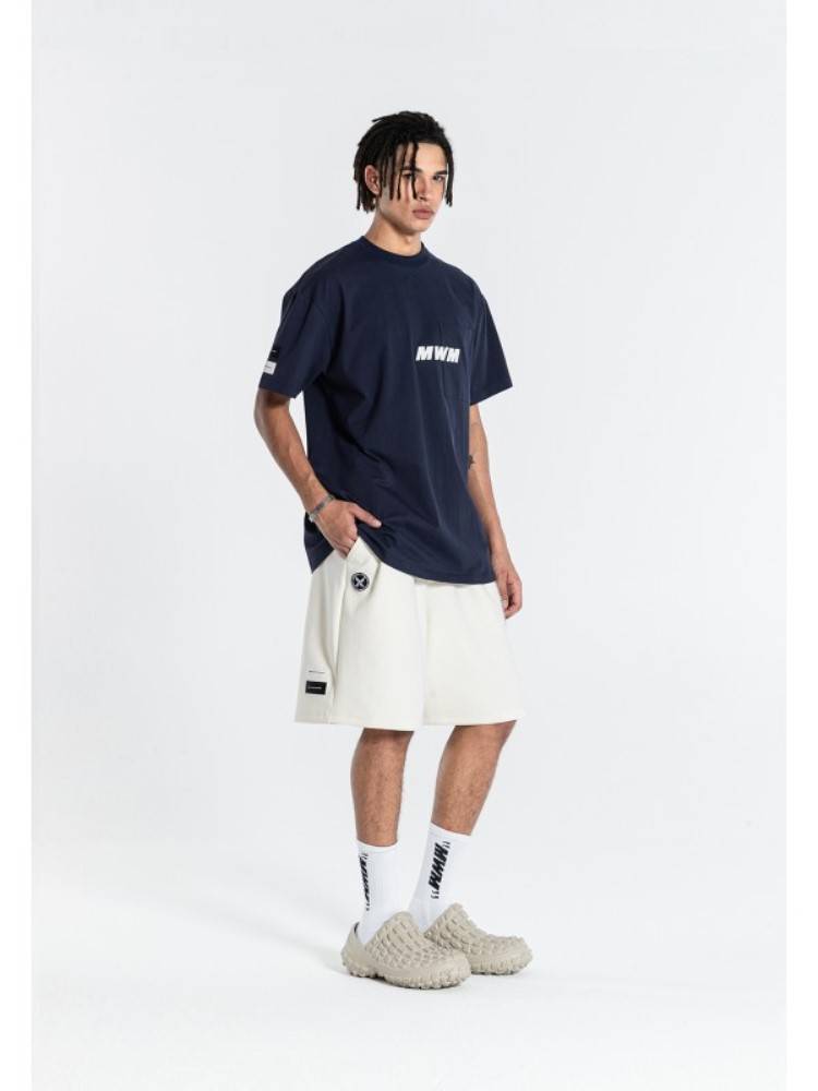 MWM BLACK KNIT SHORTS CHAIN DETAIL LOGO PATCHES